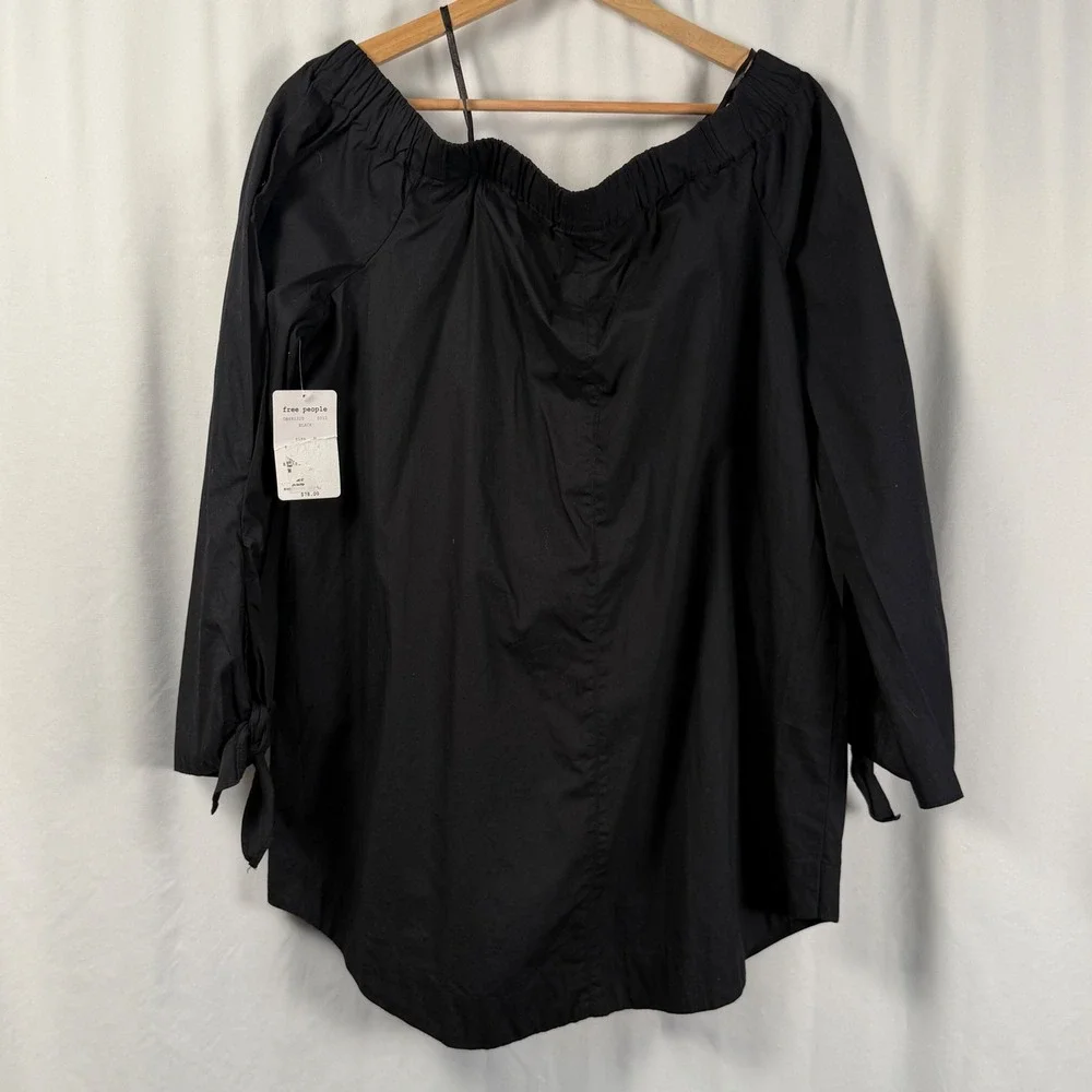 Free People Show Some‎ Shoulder Black Long Sleeve Top Blouse Cotton Womens M NWT